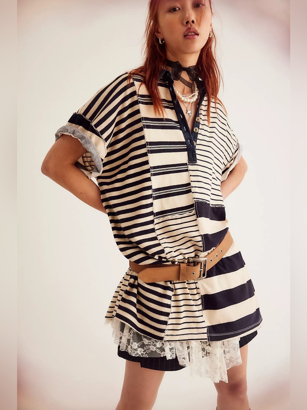 Free People Charlie Tee Dress Mixed Stripe Oversized Mini Dress M